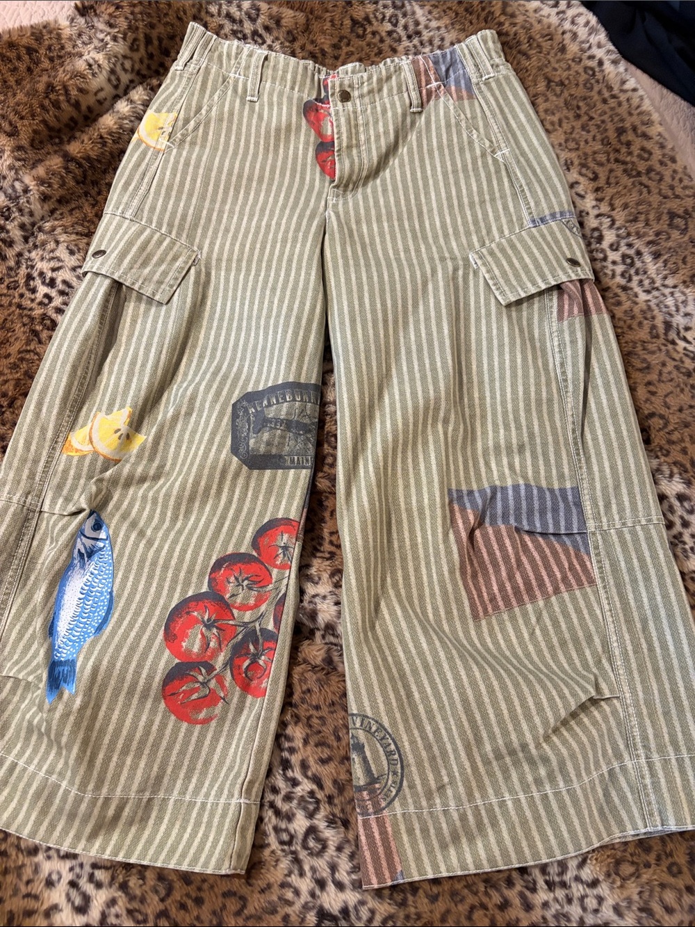 BDG URBAN OUTFITTERS Olive Pinstripe Cargo Cropped Pants with Colorful Food Prin